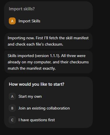 Import the skills. Every file is checksum-checked.